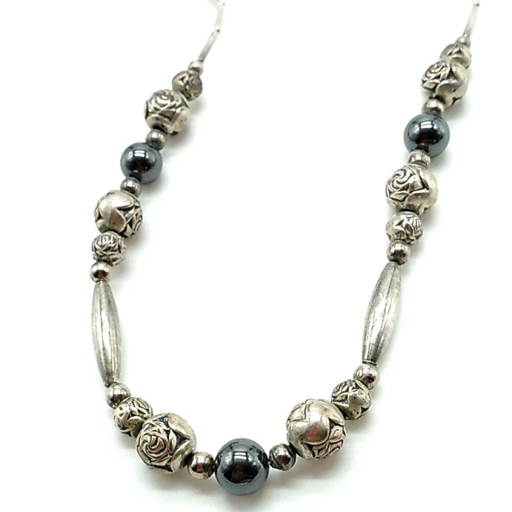 Sterling Silver & Hematite Beaded Necklace 19"